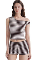 Women's 2 Piece Striped Off Shoulder Crop Top and Mini Shorts (Small)