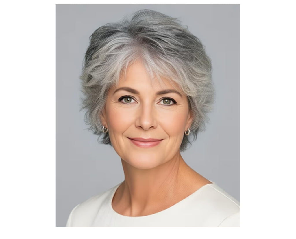 SEVENCOLORS Short Grey Wigs for White Women Layered Mixed .