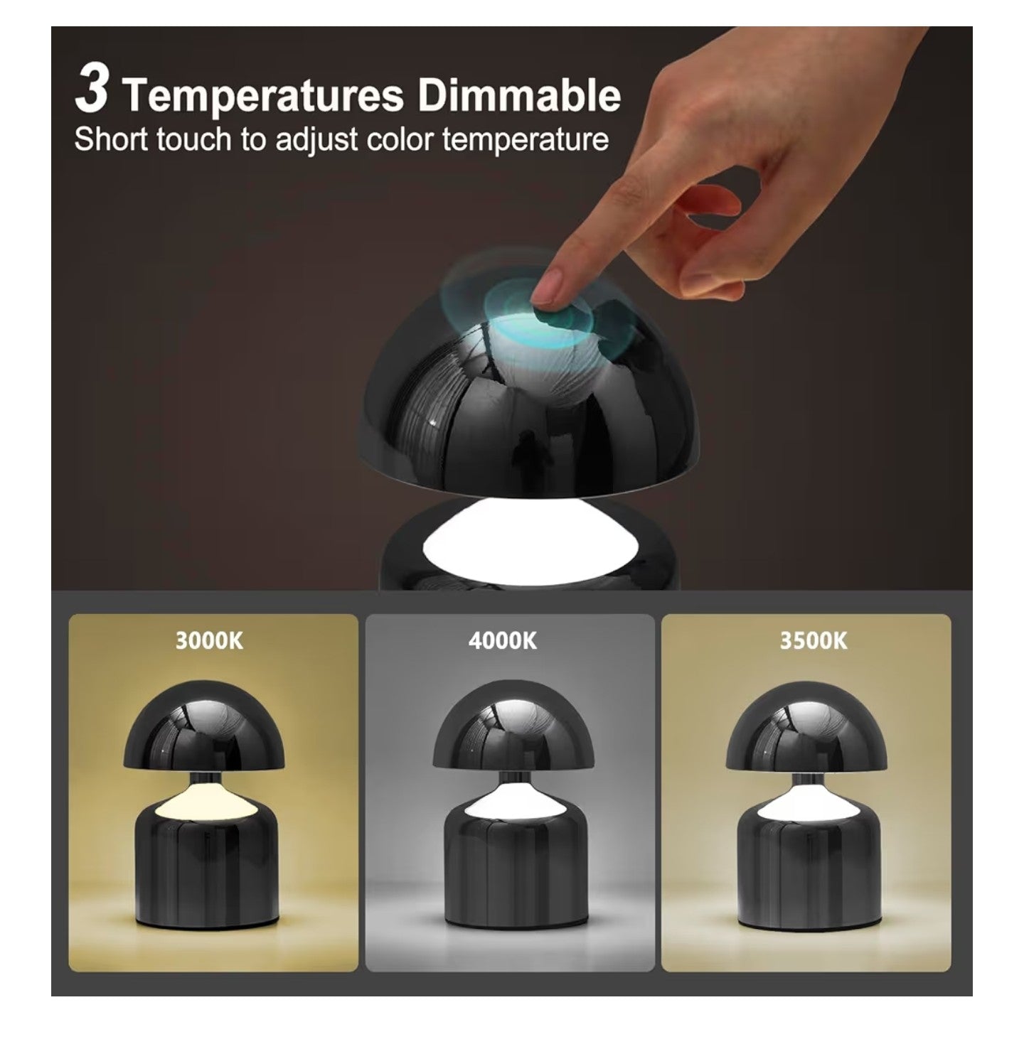 Modern Cordless Mushroom Small Table Lamp Touch LED Lamps, 3-Way Dimmable .