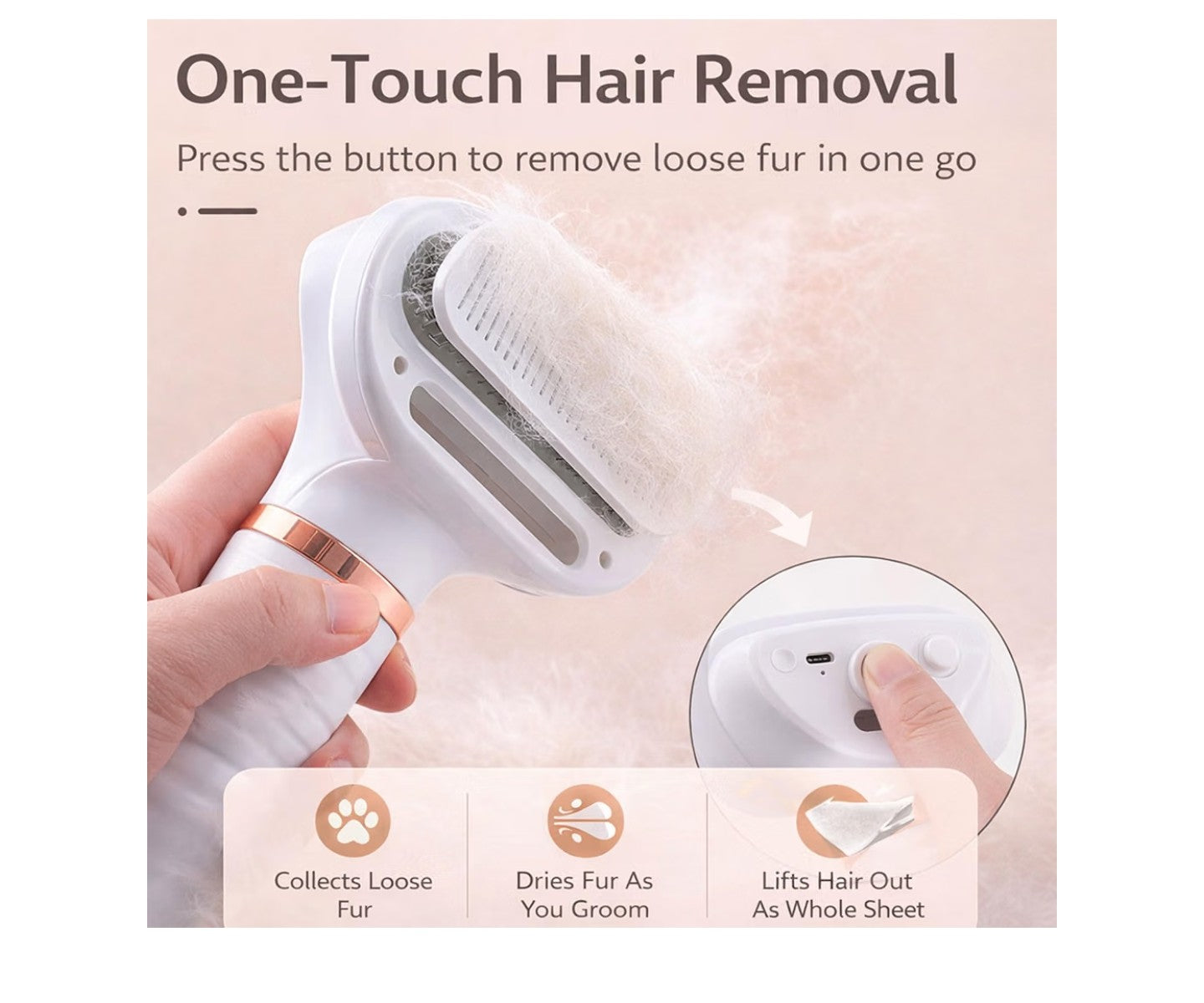 Steam & Dry Pet Grooming Brush for Dogs & Cats, Gentle Touch.