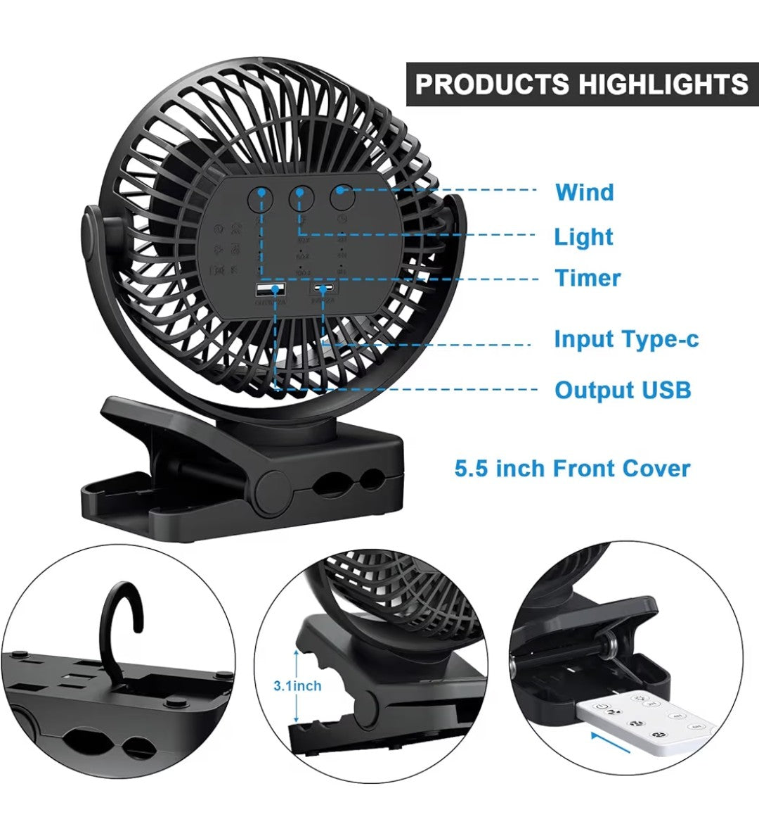 Portable Fan with Remote Control And LED Lights