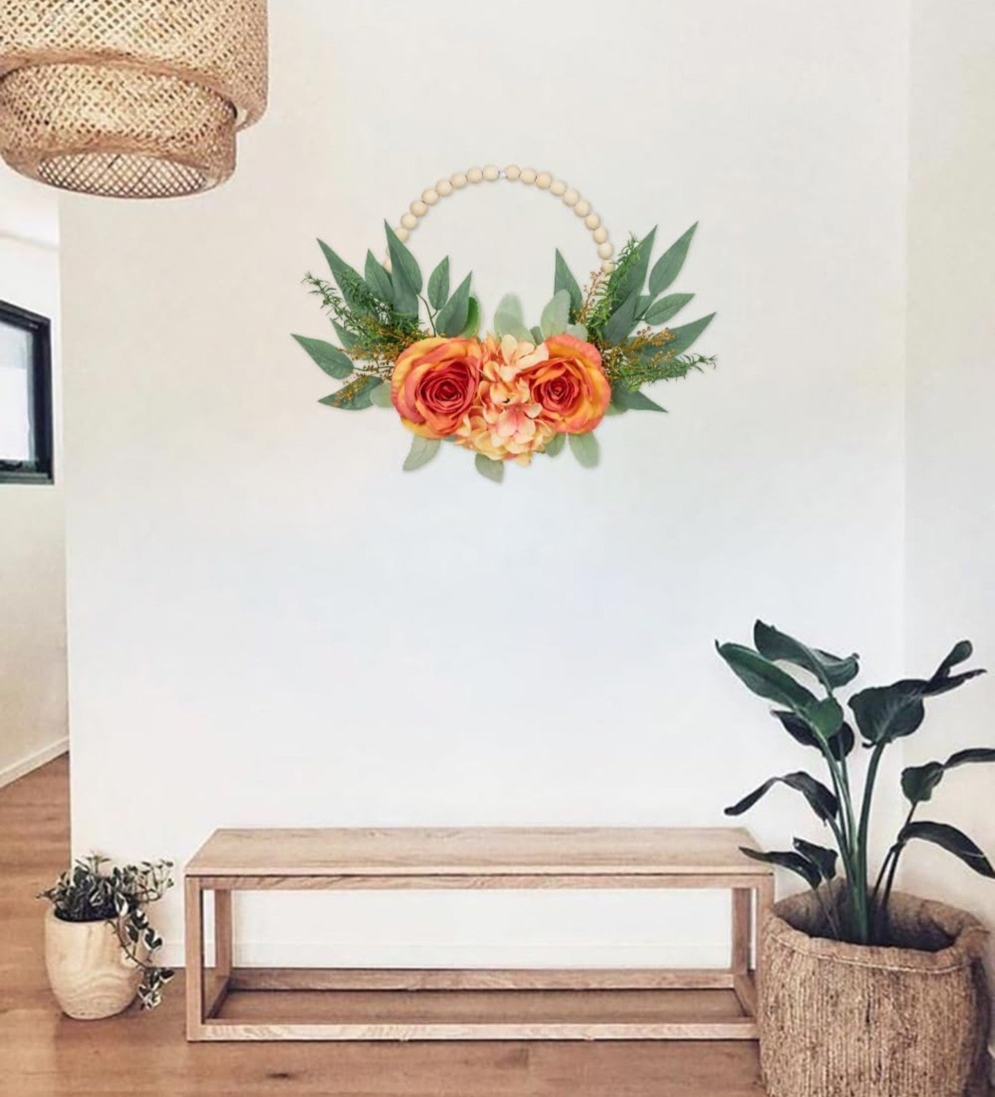 Spring Wreaths for Front Door 10" Artificial Floral Wood Bead Wreaths Eucalyptus Leaves Rose Hydrangea Wreaths for Front Door Boho Farmhouse Wall Decor 2 Pack - Orange