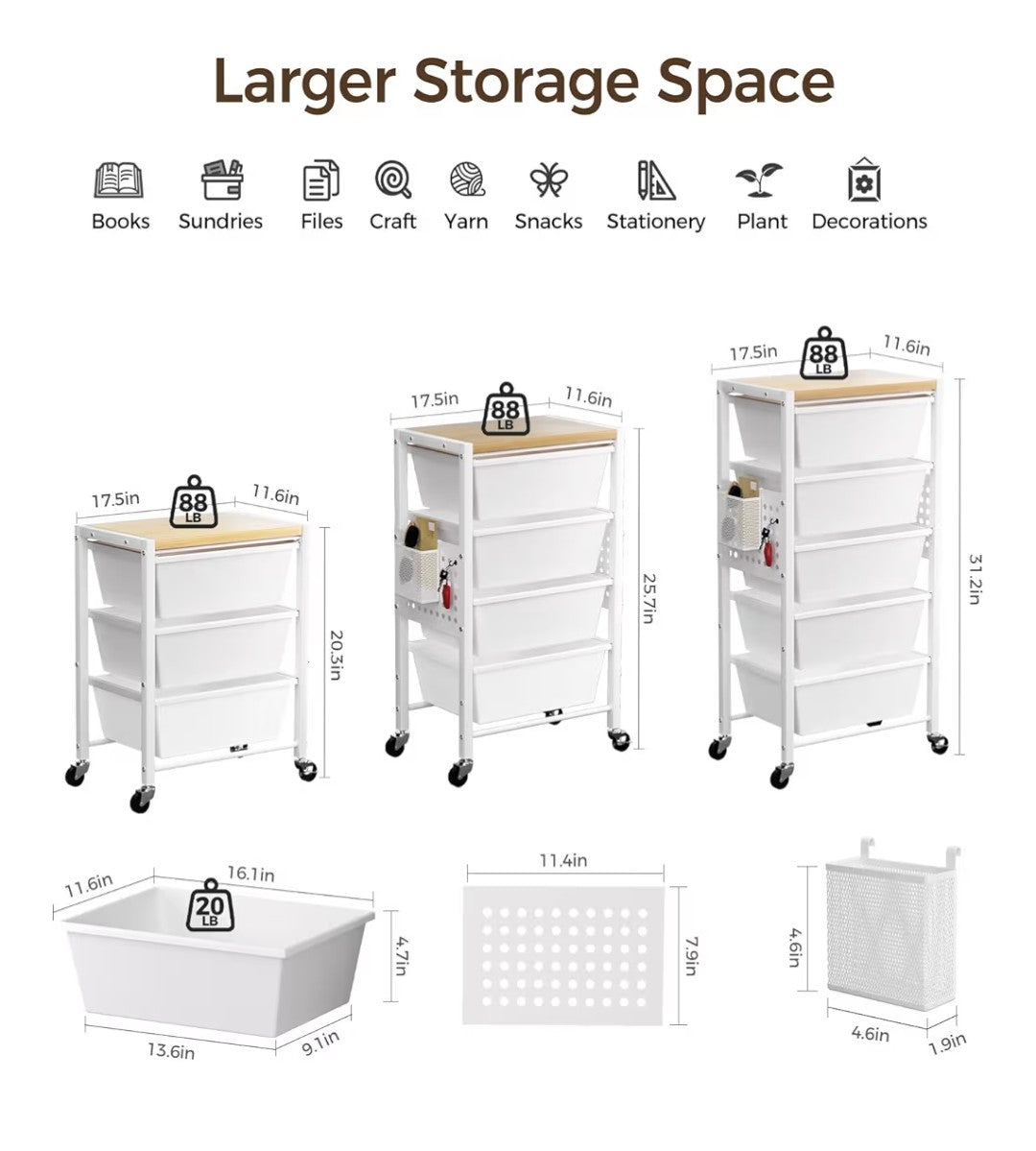 Rolling Cart with 3 Drawers