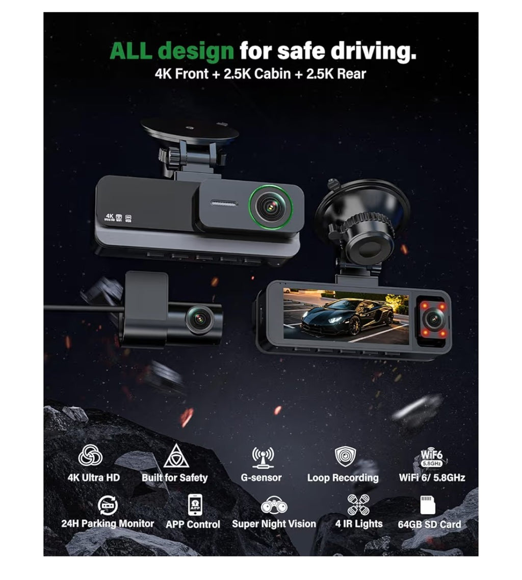 Nymzview 4K 3-Channel Wi-Fi Dash Cam