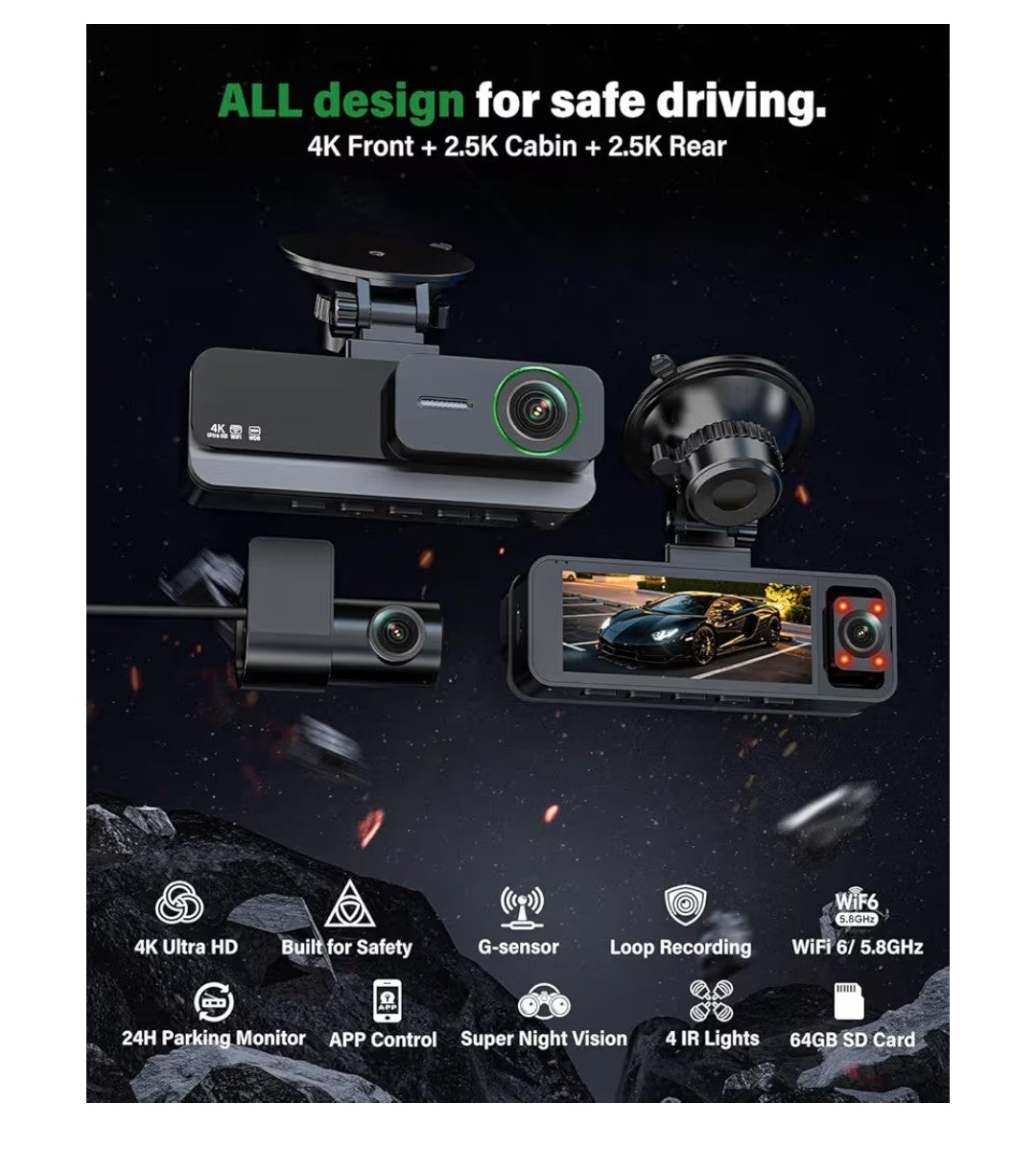 Nymzview 4K 3-Channel Wi-Fi Dash Cam