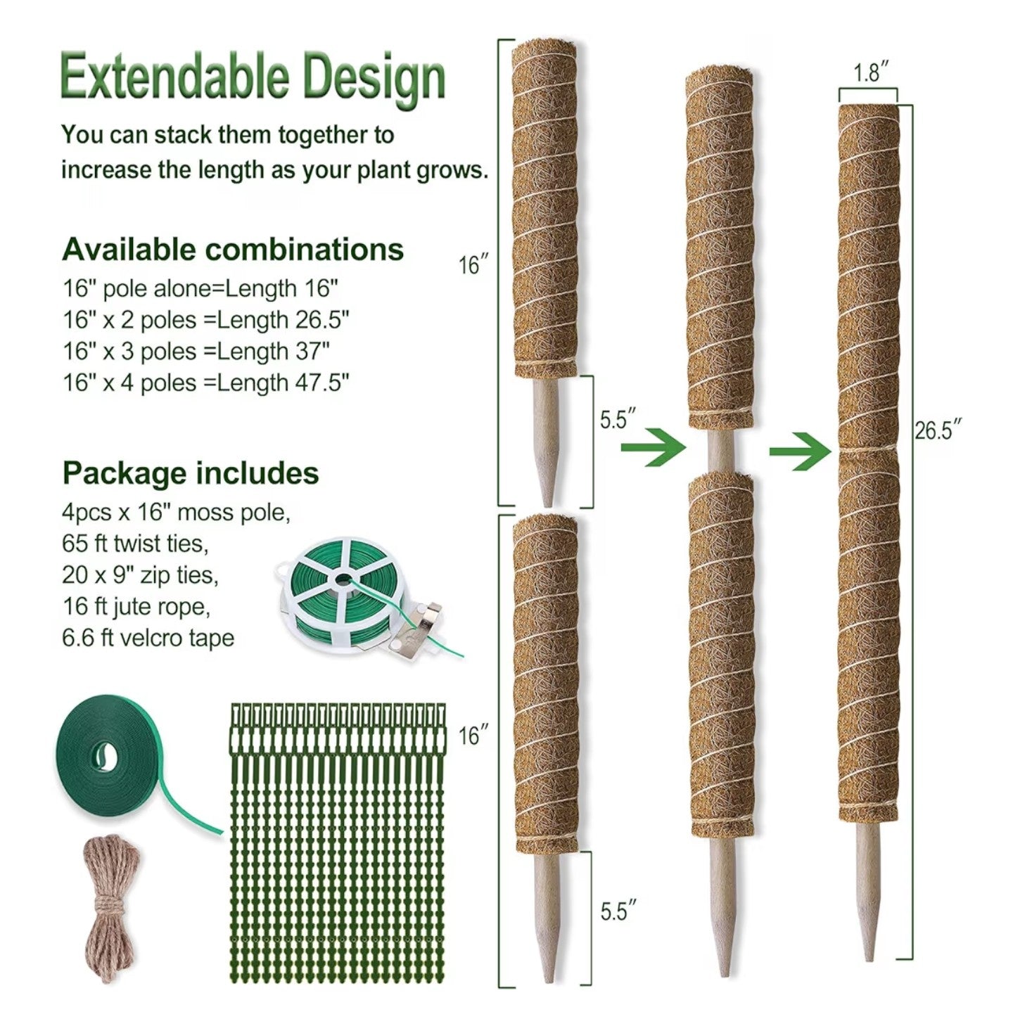 Moss Pole 47.5 Inch - Monstera Plant Support, 4 Packs 16 Inch Plant Stakes.