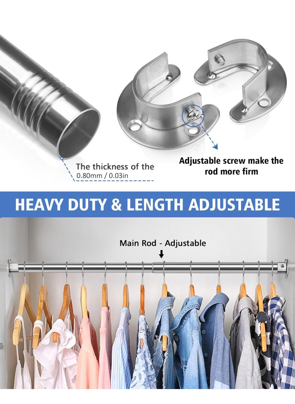 Closet Rods for Hanging Clothes - Heavy Duty, Length Adjustable (Silver, 66.5" - 76")