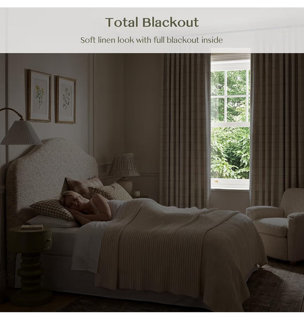 (Open box)Pinch Pleated Plaid Curtains Blackout Linen Gingham Green Curtains.