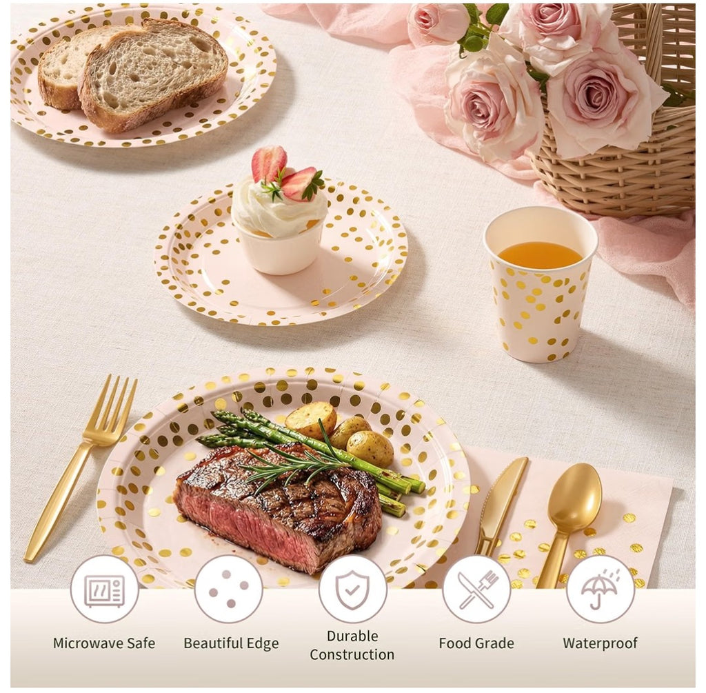 175pcs Pink Gold Foil Polka Dot Party Tableware Set