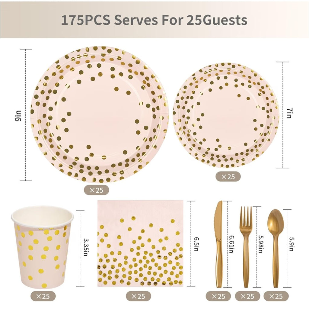 175pcs Pink Gold Foil Polka Dot Party Tableware Set