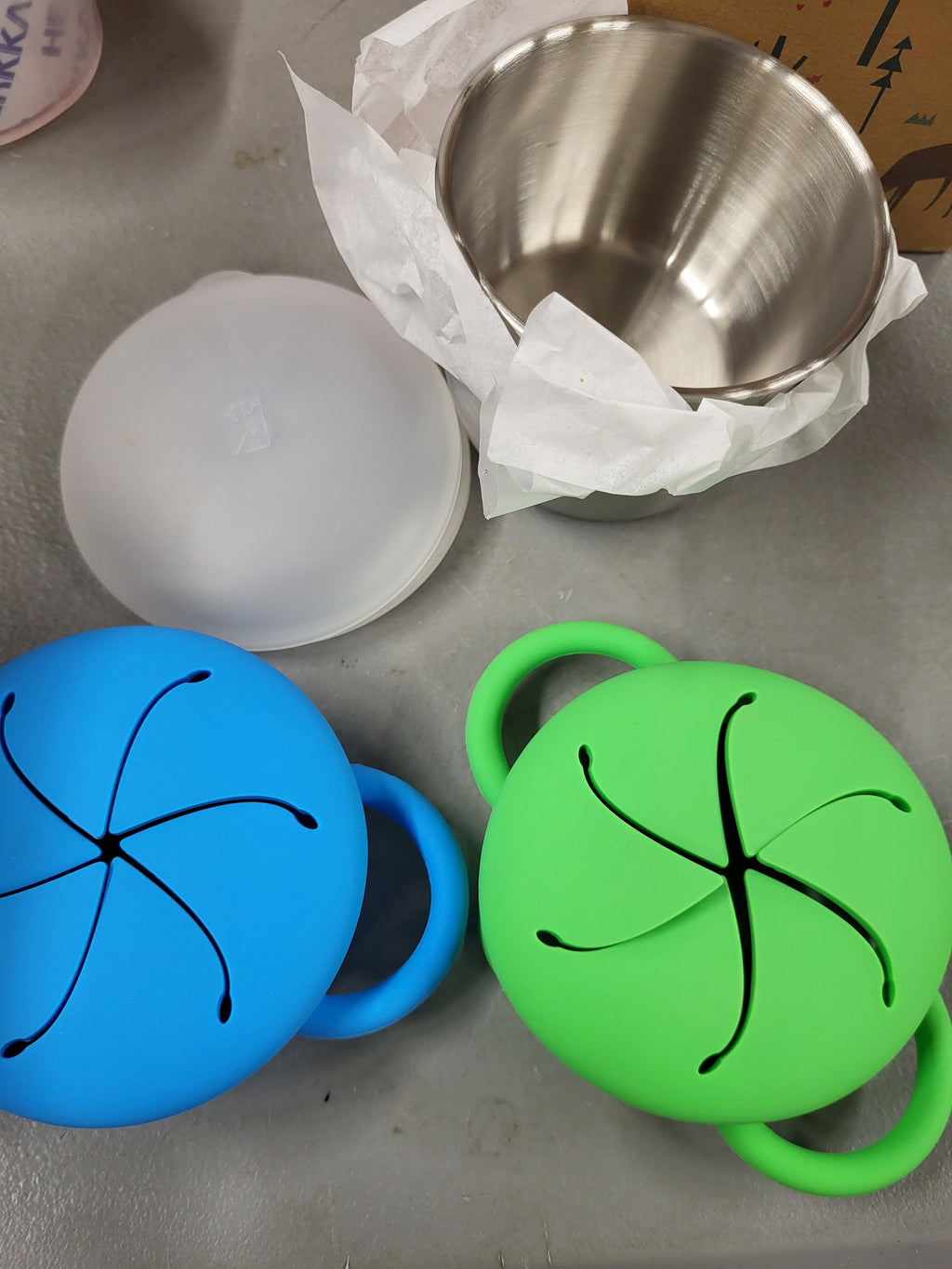 Elk and Friends Stainless Steel Snack Cups | Removable Silicone Food Catcher and Travel Lid | Spill-Proof Snack Containers for Baby, Toddler, Kids | Dishwasher Safe | 2 Pack
