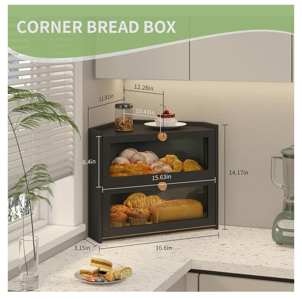 JANSNIMEN Black Corner Bread Box for Kitchen Countertop, Large Bread Container Storage Bamboo Wooden Farmhouse Bread Box with Window Bread Holder