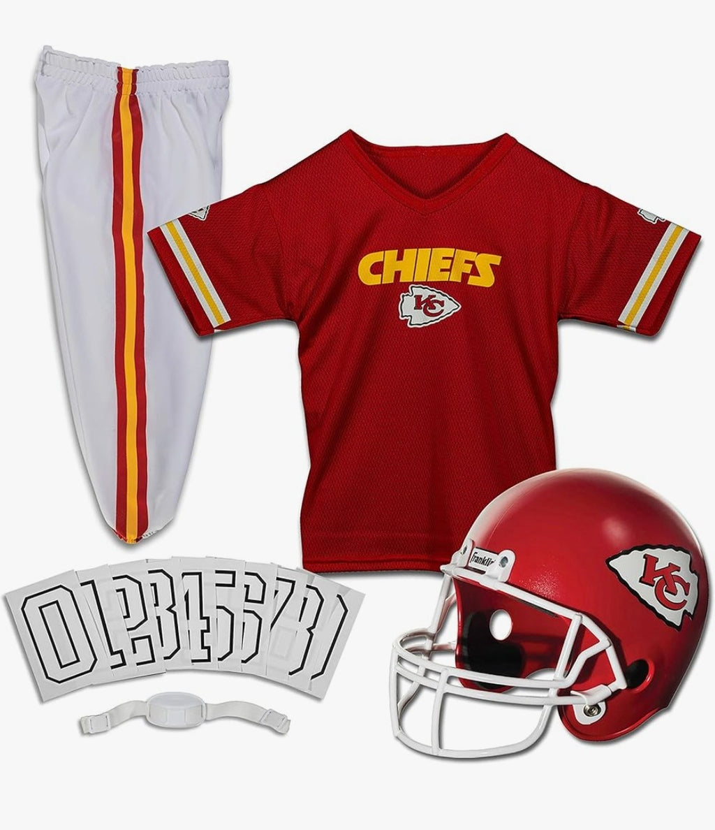 Franklin Chiefs Youth Football Uniform (Size Medium, has been worn see pictures, missing number 1 and 5 iron on patch and chin strap)