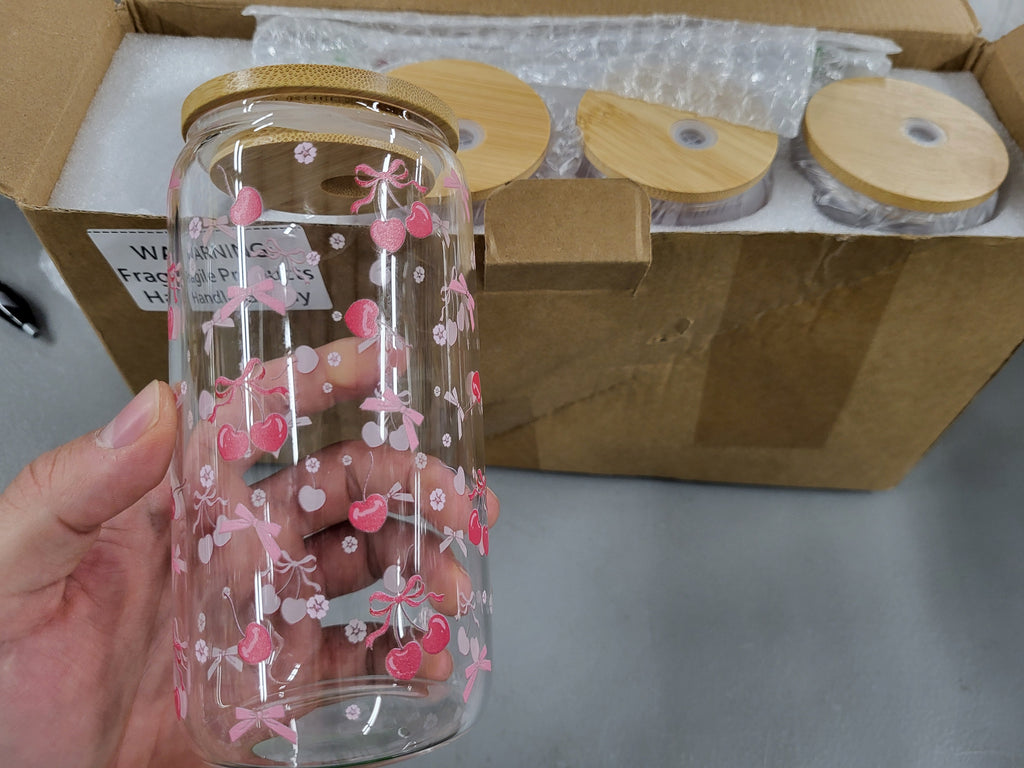 Yetene 4 Set 16 oz Coquette Bows Glass Cups with Lids and Bows Straws Cleaning Brushes Aesthetic Iced Coffee Cup Reusable Mug for Women Sister Birthday Gift Not Dishwasher Safe(Pink,Cherry)
