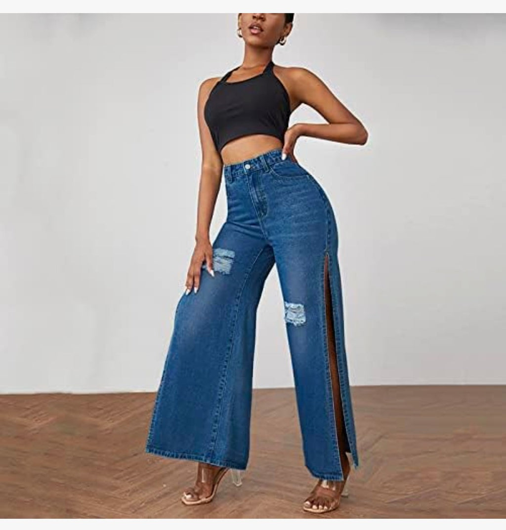 SCOMCHIC Women's High Waisted Wide Leg Ripped Jeans High Side Slit Distressed Denim Jeans Pants Relaxed Fit (Size 3XL)