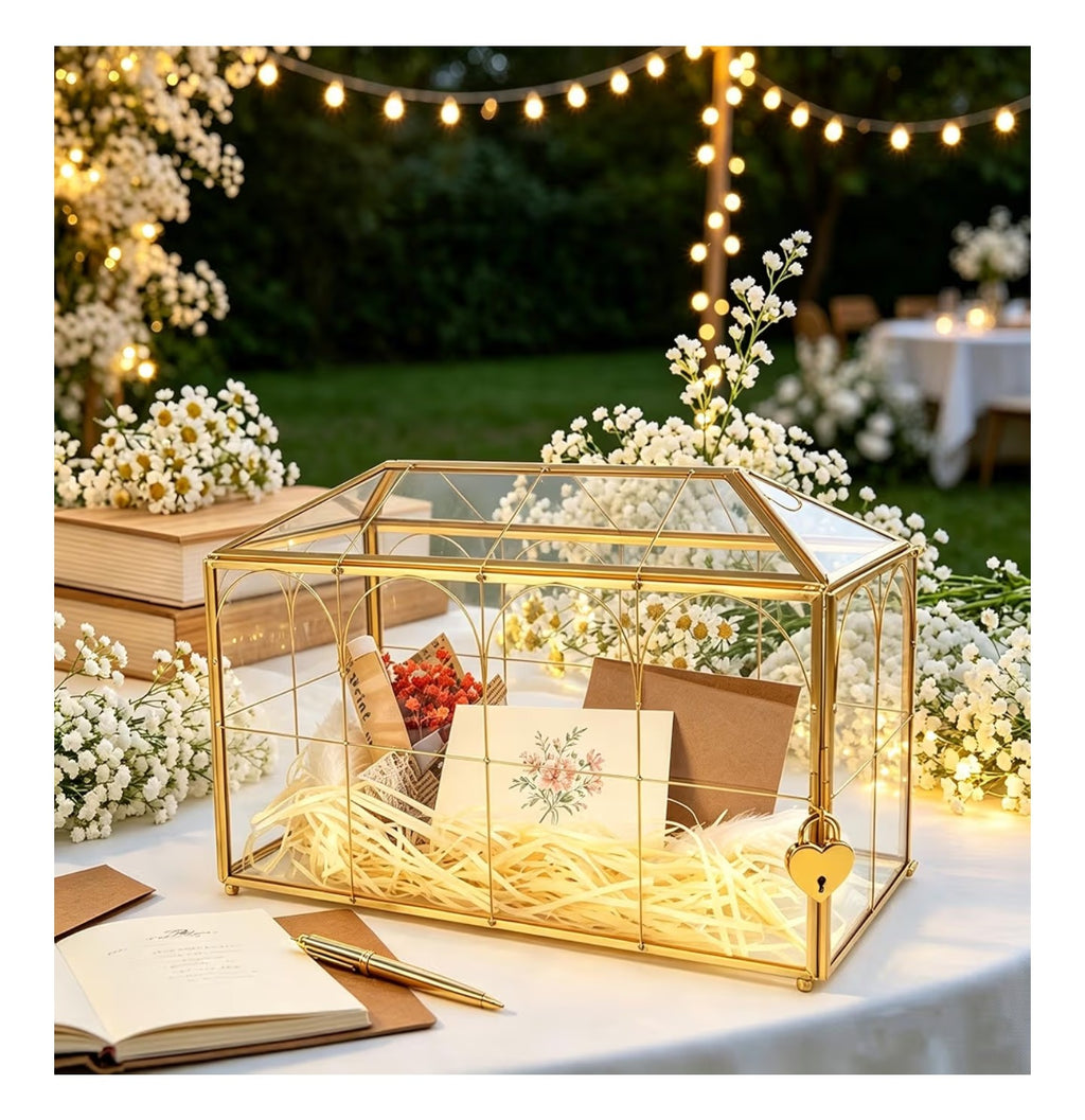 Wedding Glass Card Box with Slot 12.6 x 5.9 x 9 Inch, Vintage Gold