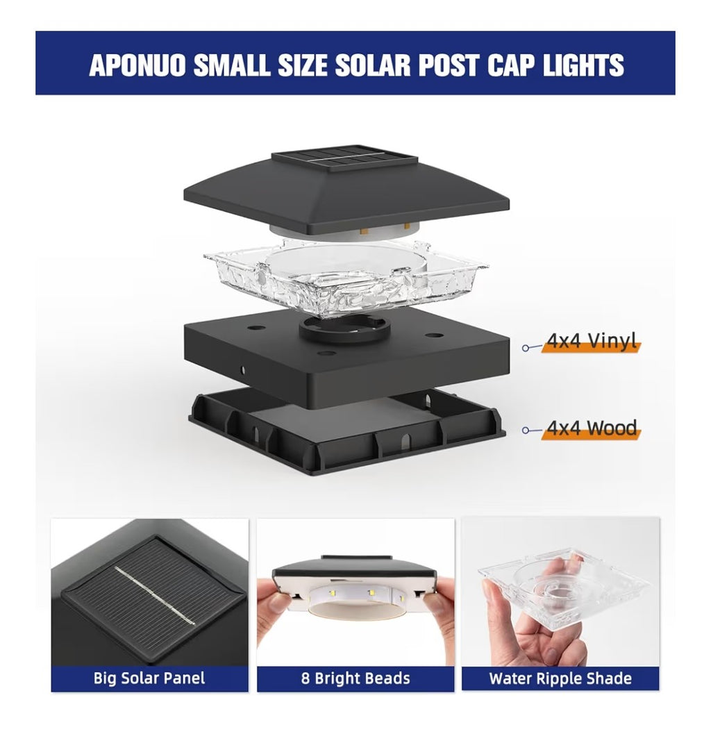 Solar Post Cap Lights for 4x4 Posts 8 pack (Black)