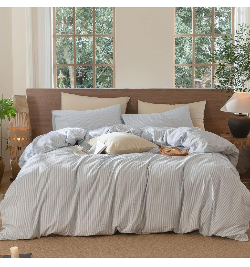 MooMee Striped Duvet Cover Set 100% Washed Cotton Linen Like