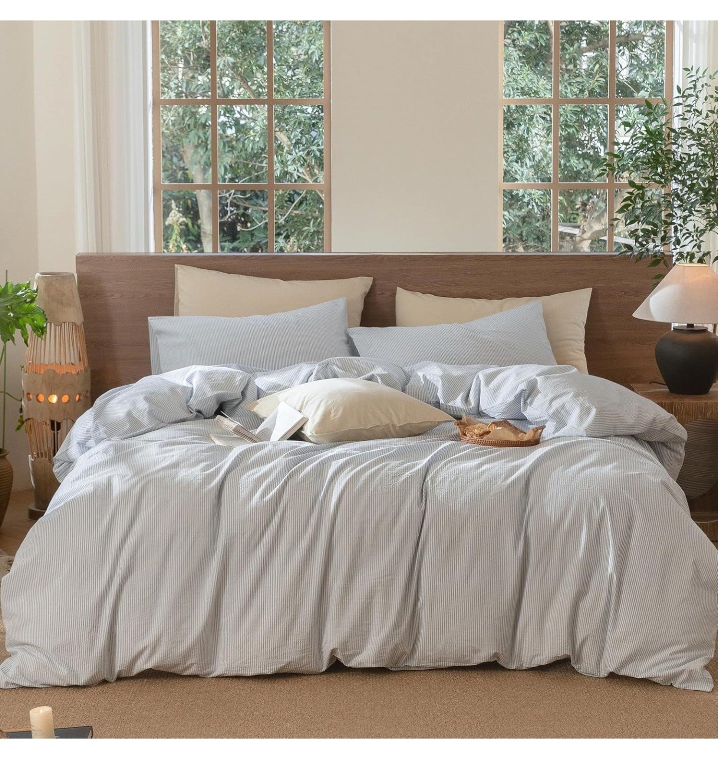 MooMee Striped Duvet Cover Set 100% Washed Cotton Linen Like
