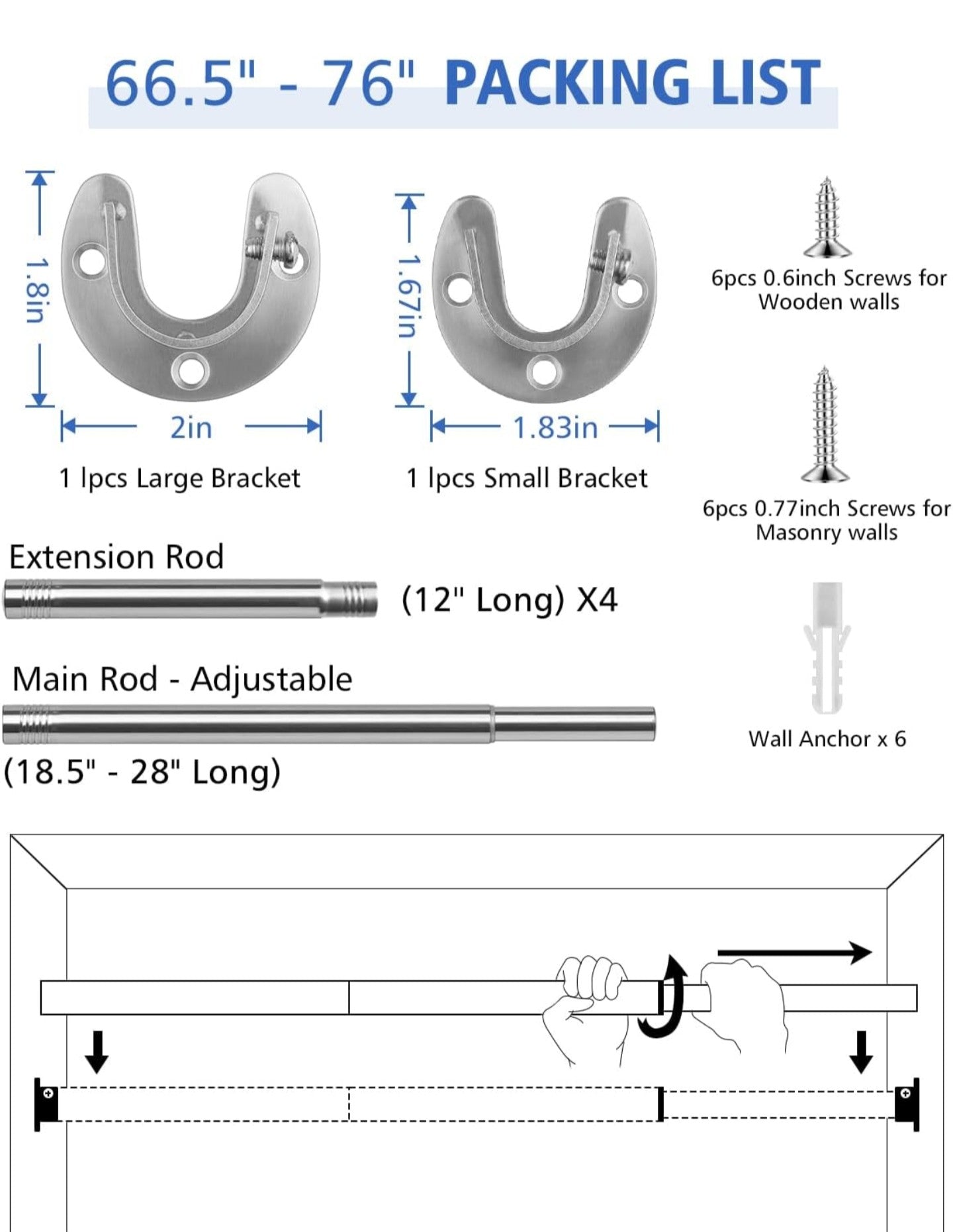 Closet Rods for Hanging Clothes - Heavy Duty, Length Adjustable (Silver, 66.5" - 76")
