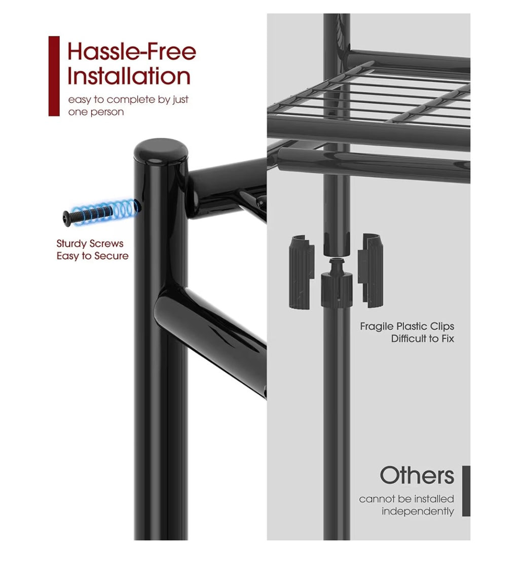 Sakugi Clothes Rack - 33.0" x 12.2" x 79.5" Clothing Rack with Shelves & Wheels, Multi-Functional Wardrobe Closet with Hooks, Sturdy Metal Garment Rack for Bedroom, Laundry, Balcony (Black), New