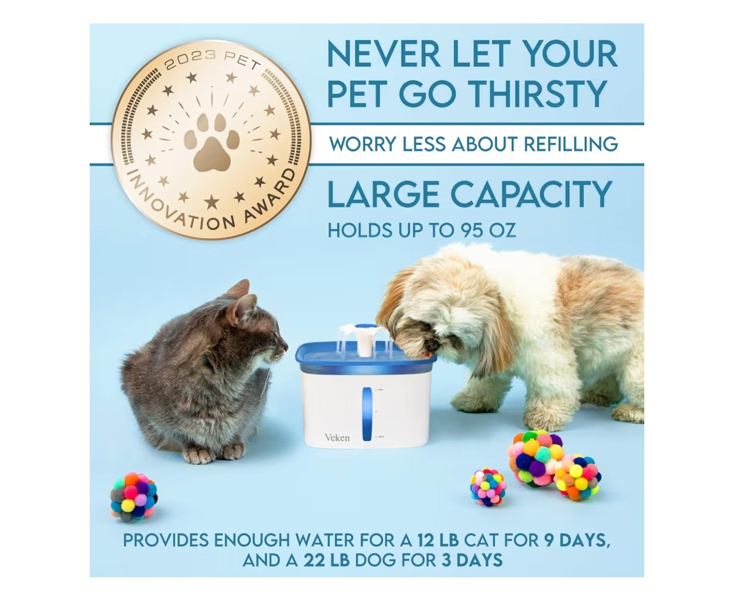 Veken Innovation Award Winner 95oz/2.8L Pet Fountain