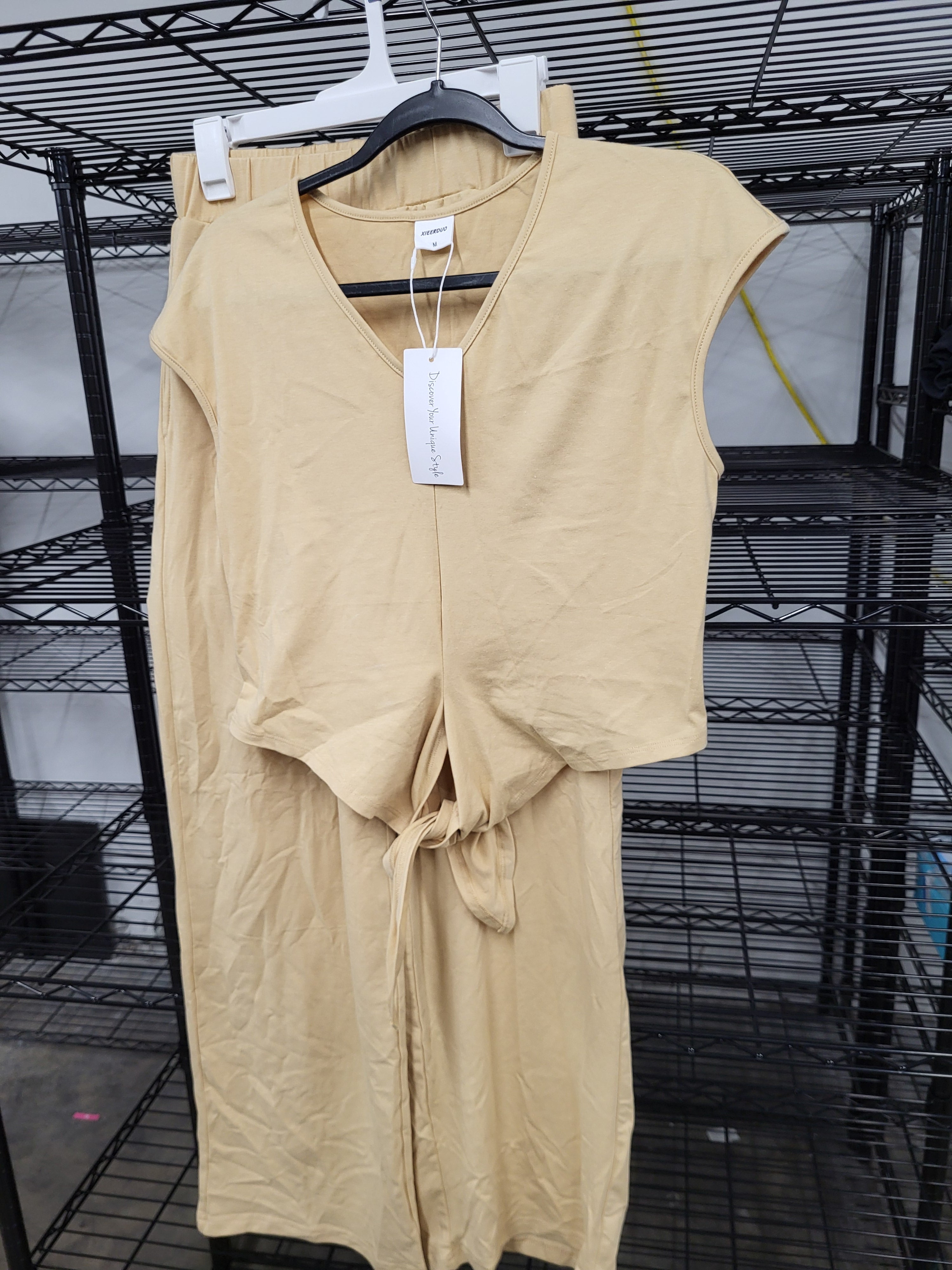 2 Piece Casual Tie Front Top and Wide Leg Pants (Medium)