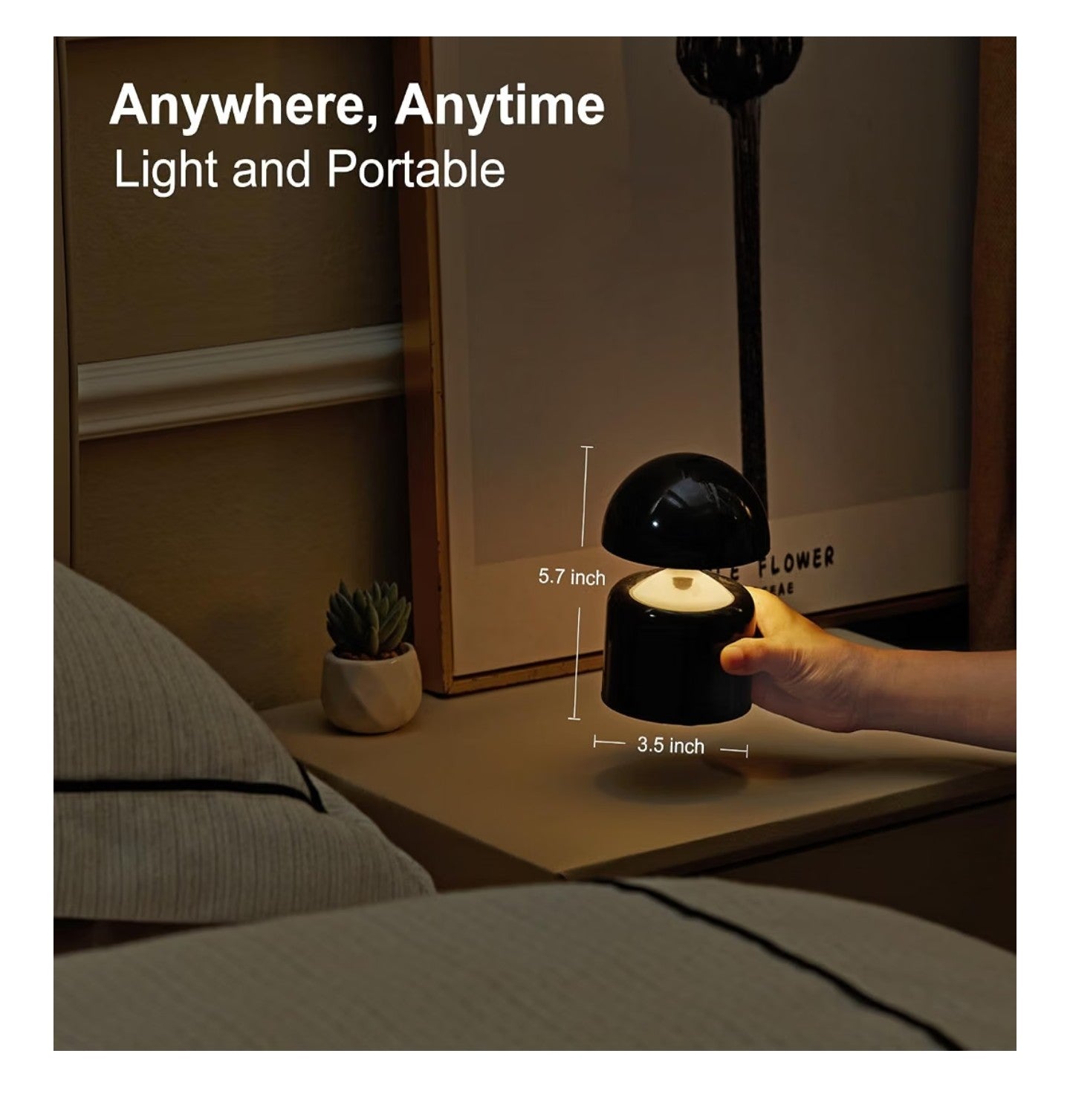 Modern Cordless Mushroom Small Table Lamp Touch LED Lamps, 3-Way Dimmable .