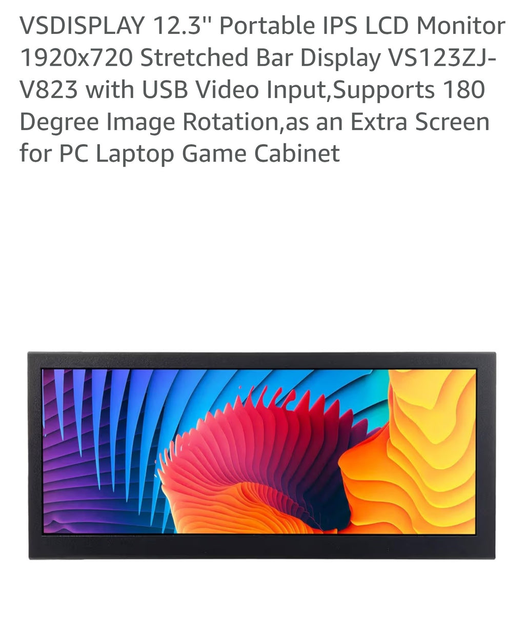 VSDISPLAY 12.3'' Portable IPS LCD Monitor 1920x720 Stretched Bar Display