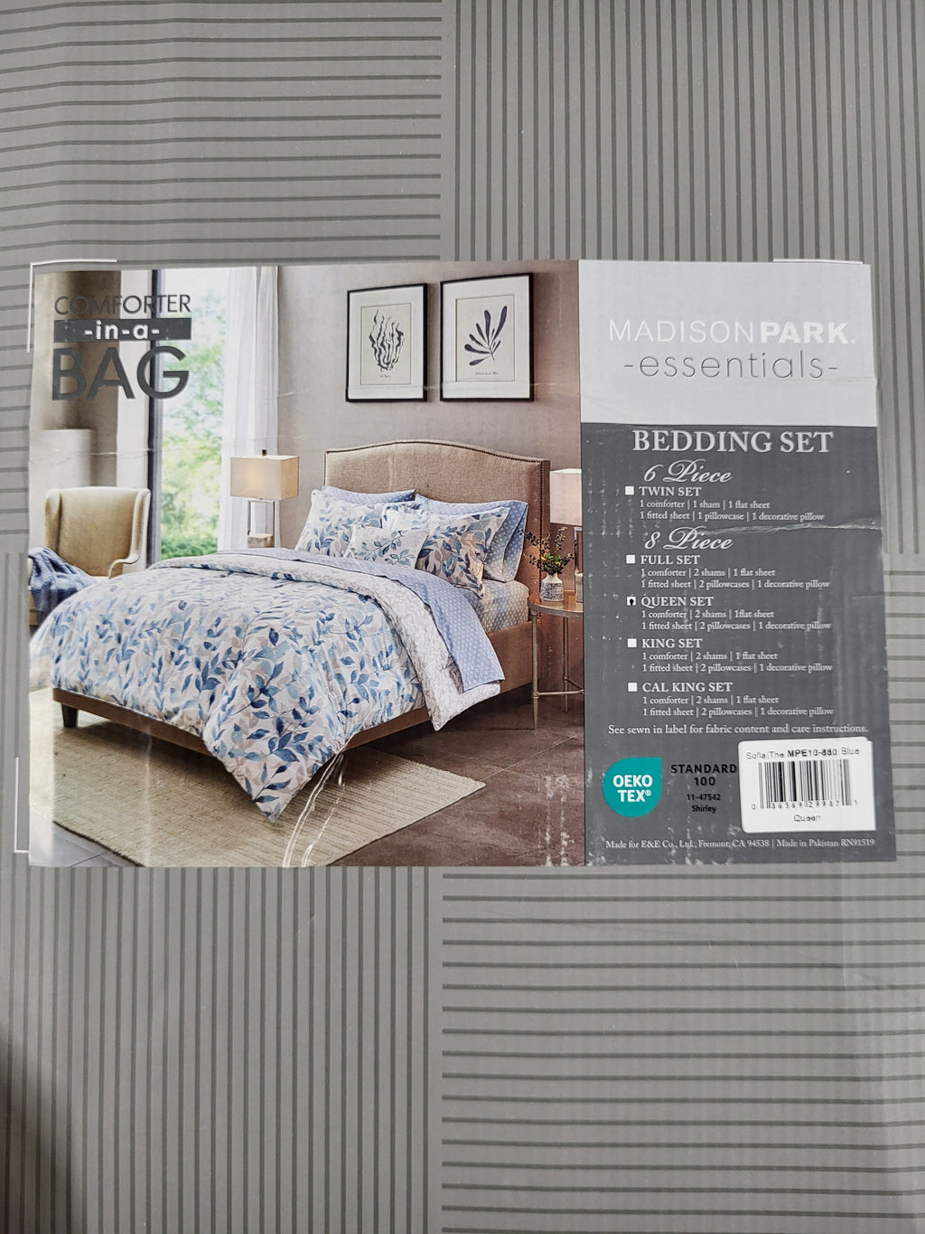 Madison Park Essentials Cozy Bed in a Bag Reversible Comforter with Complete Sheet Set - Modern Botanical Print All Season Cover, Shams, Decorative Pillow, Queen(90"x90"), Blue 8 Piece