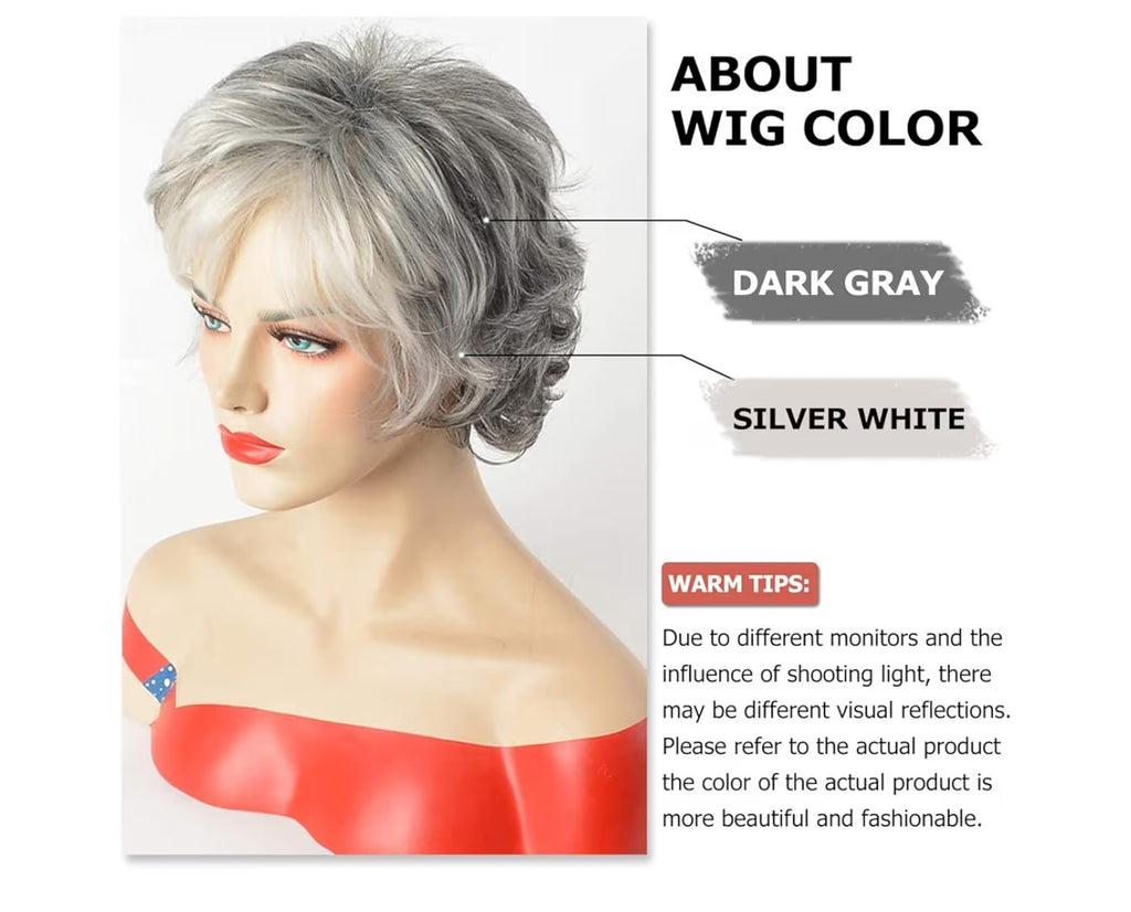 SEVENCOLORS Short Grey Wigs for White Women Layered Mixed .