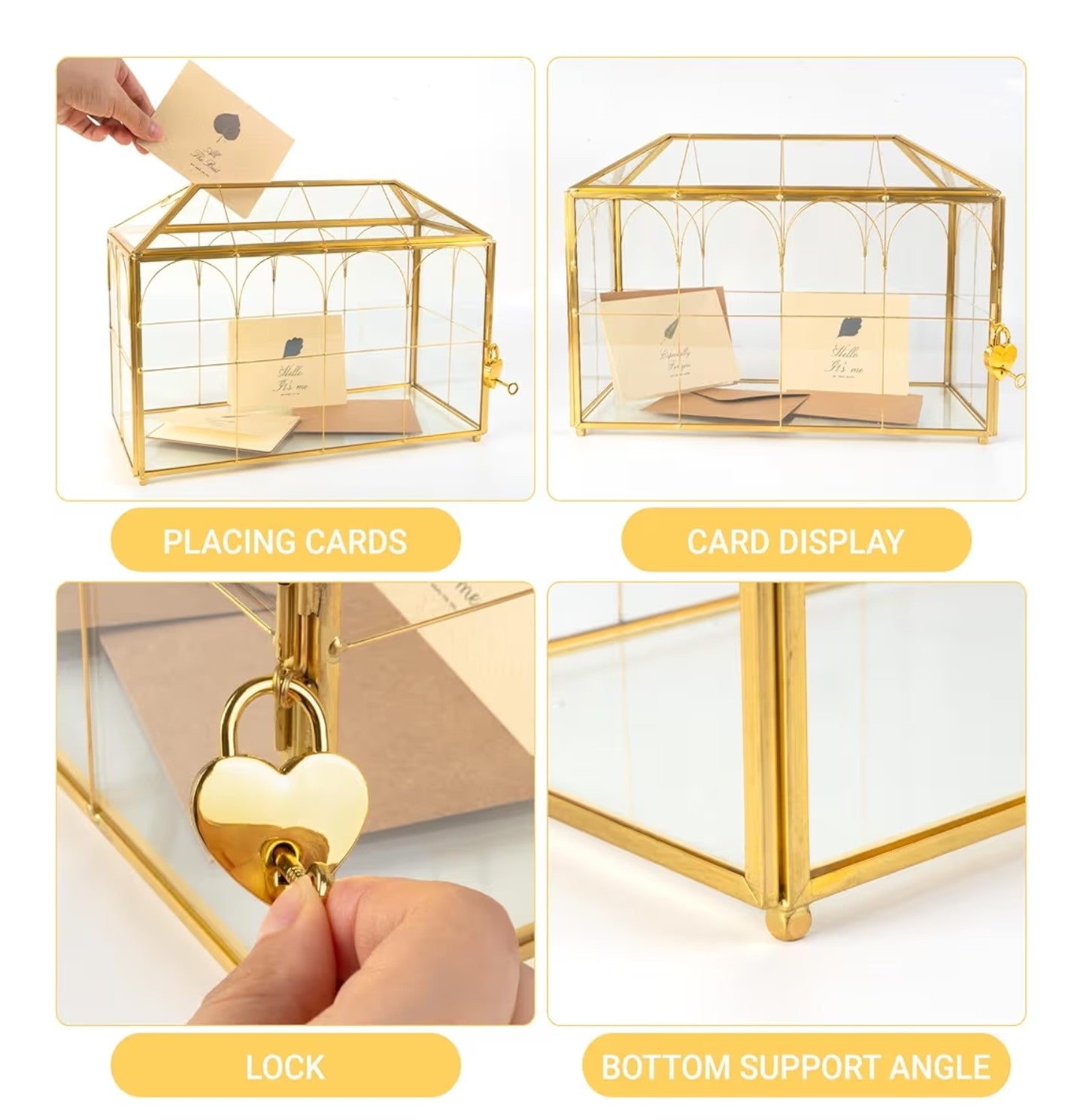 Wedding Glass Card Box with Slot 12.6 x 5.9 x 9 Inch, Vintage Gold