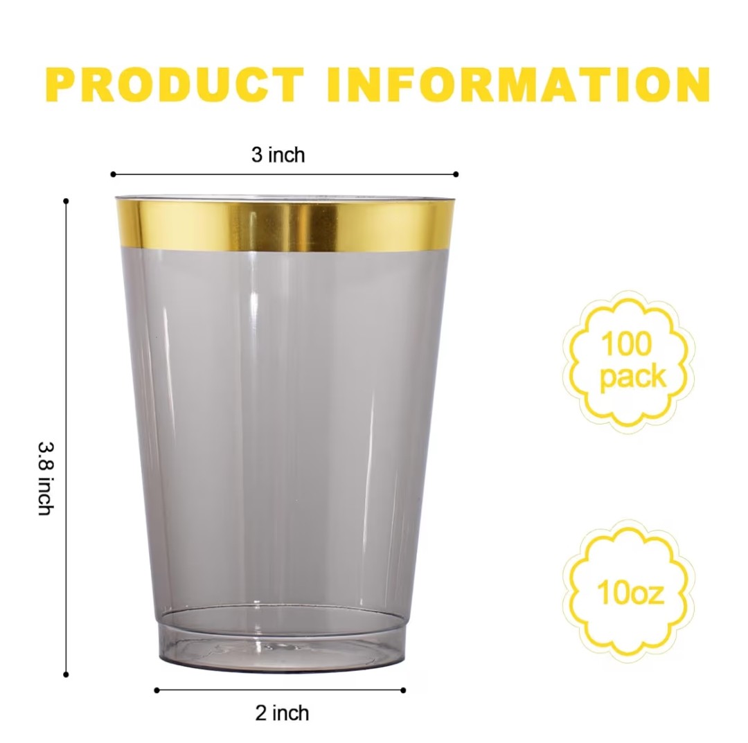 Gold & Black Plastic Cups 100pcs
