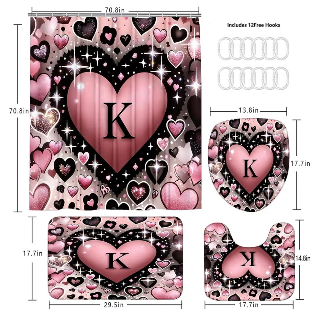 4 Piece Bathroom Rug and Curtain Set Heart with a K