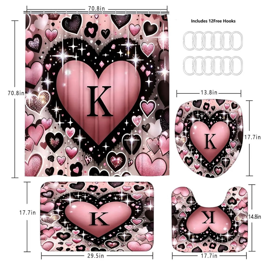 4 Piece Bathroom Rug and Curtain Set Heart with a K
