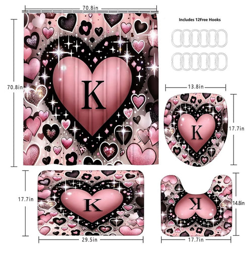 4 Piece Bathroom Rug and Curtain Set Heart with a K