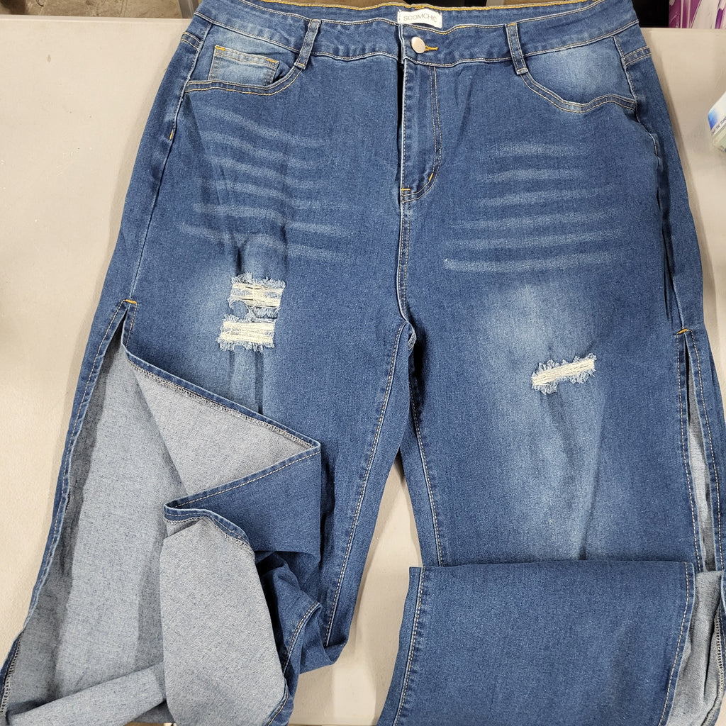 SCOMCHIC Women's High Waisted Wide Leg Ripped Jeans High Side Slit Distressed Denim Jeans Pants Relaxed Fit (Size 3XL)