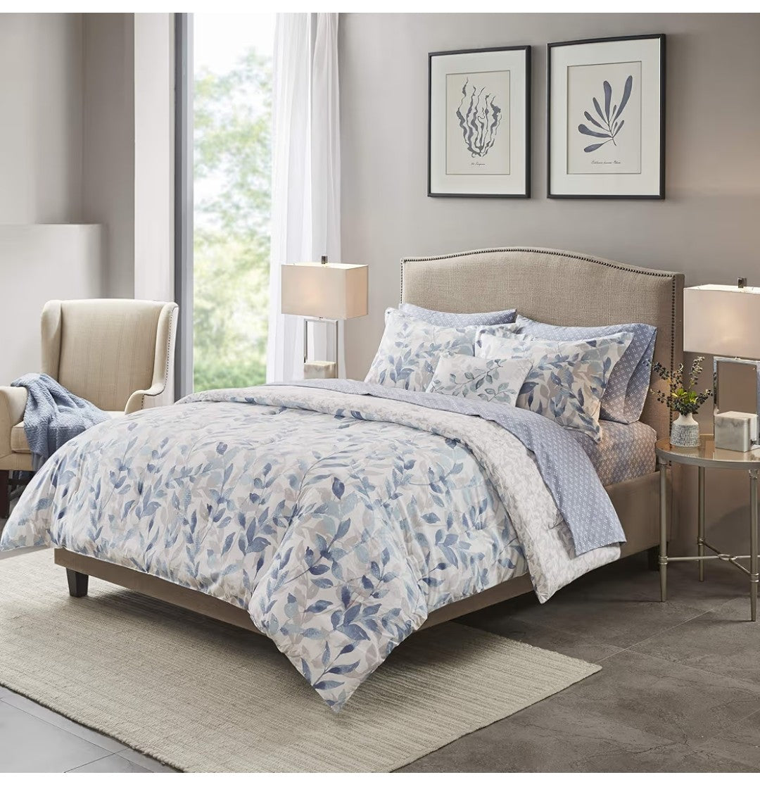 Madison Park Essentials Cozy Bed in a Bag Reversible Comforter with Complete Sheet Set - Modern Botanical Print All Season Cover, Shams, Decorative Pillow, Queen(90"x90"), Blue 8 Piece