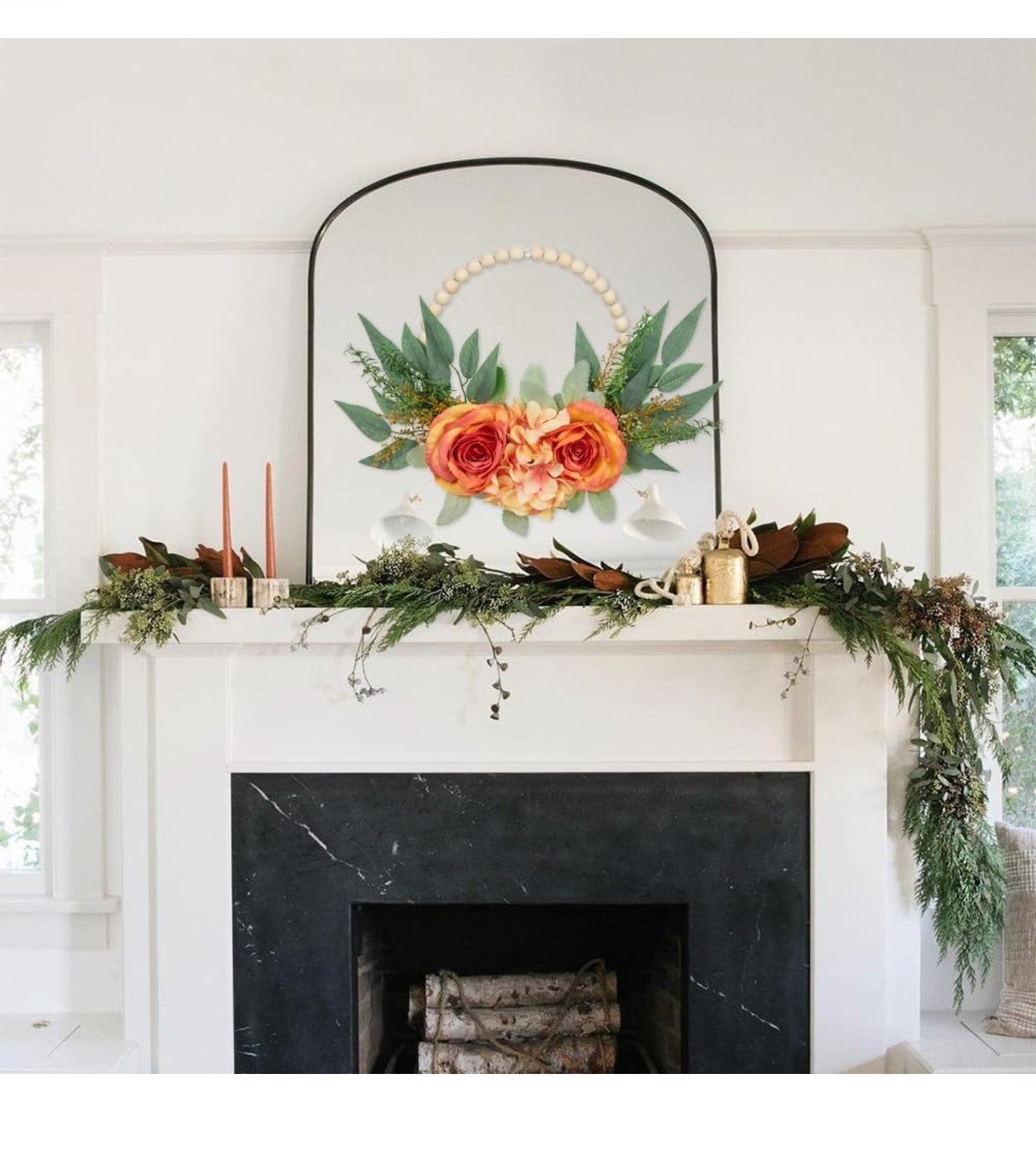 Spring Wreaths for Front Door 10" Artificial Floral Wood Bead Wreaths Eucalyptus Leaves Rose Hydrangea Wreaths for Front Door Boho Farmhouse Wall Decor 2 Pack - Orange