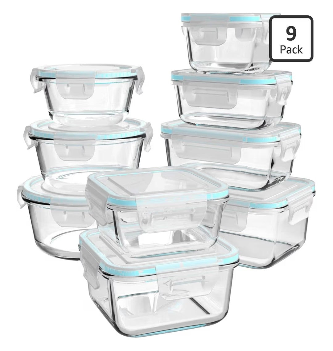 Glass Food Storage Containers 9 Containers and 9 Lids