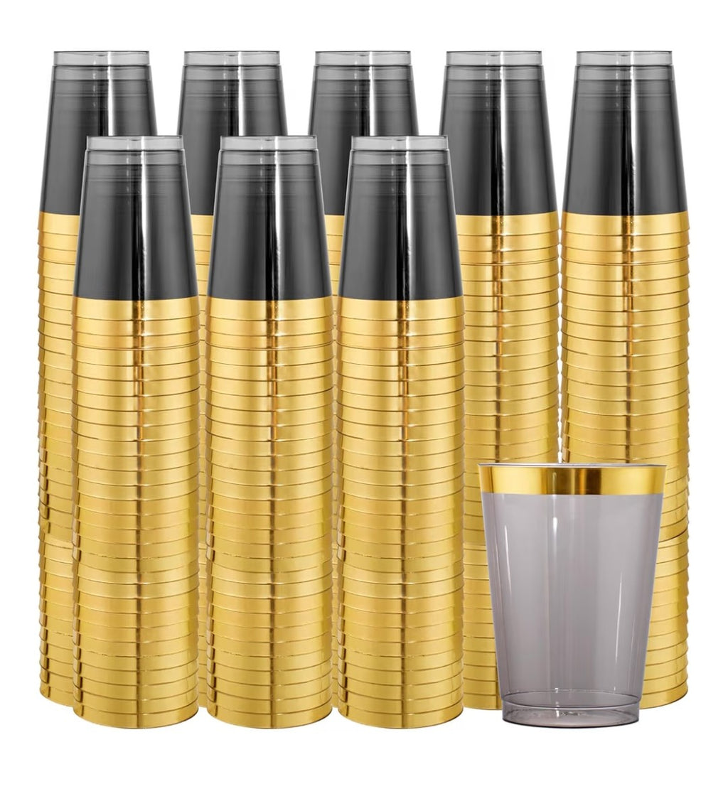 Gold & Black Plastic Cups 100pcs