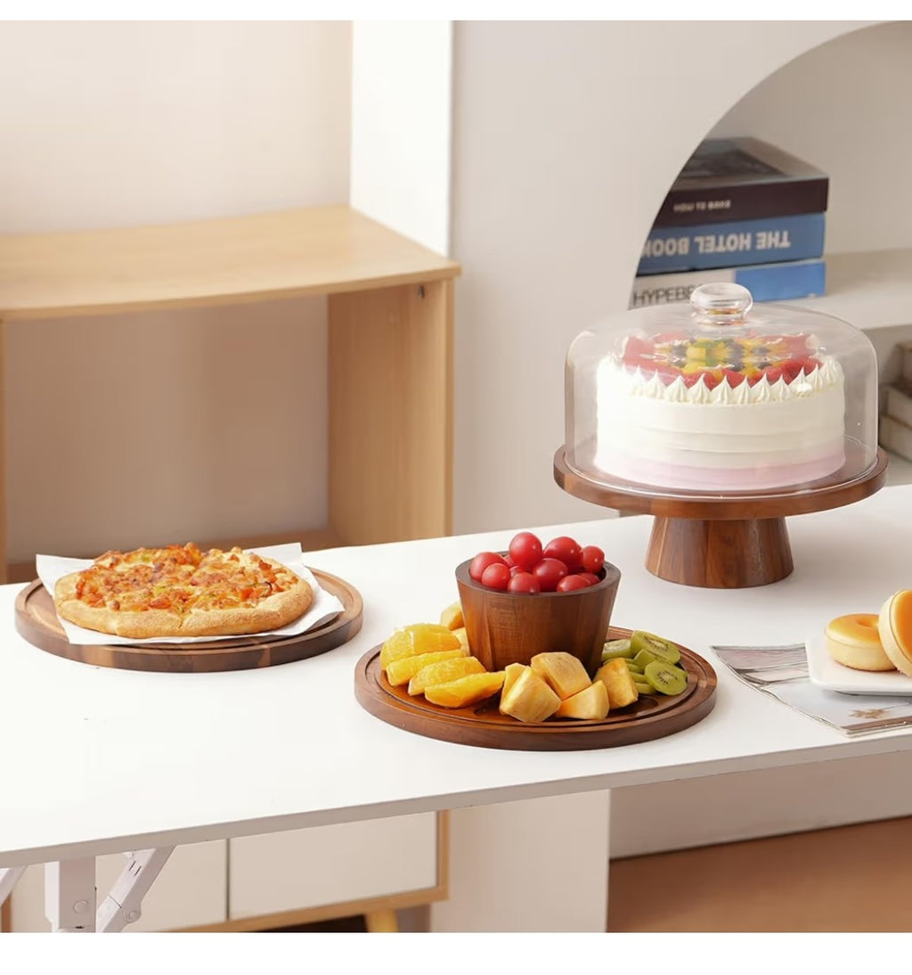 Wood Cake Stand with Glass Lid
