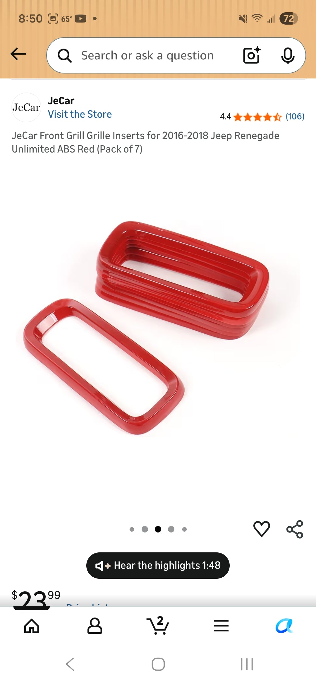 JeCar Front Grille Inserts 2016-2018 Jeep Renegade 7 pack (Red)