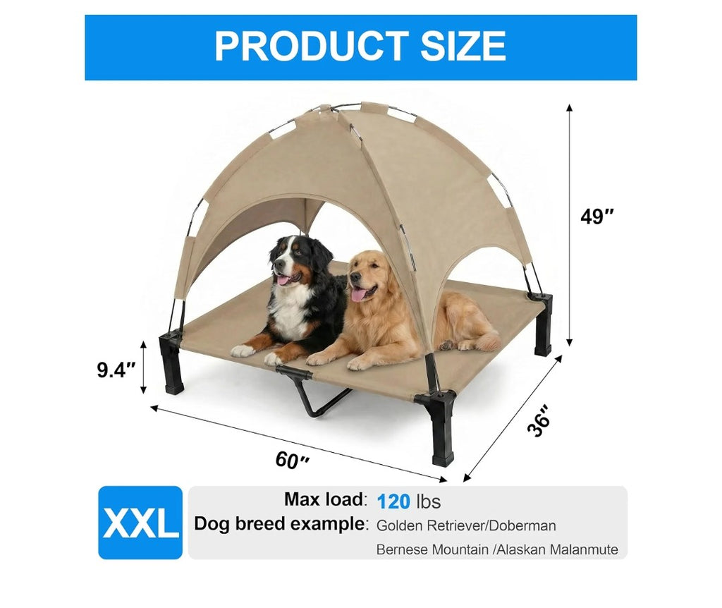 Elevated Dog Bed with Canopy Raised Pet Cot for Large Dogs, Outdoor Dog Cot with Removable Sun Shade Tent, Breathable Mesh Portable Dogs Cot for Camping, Beach, Backyard, Outdoor Use
