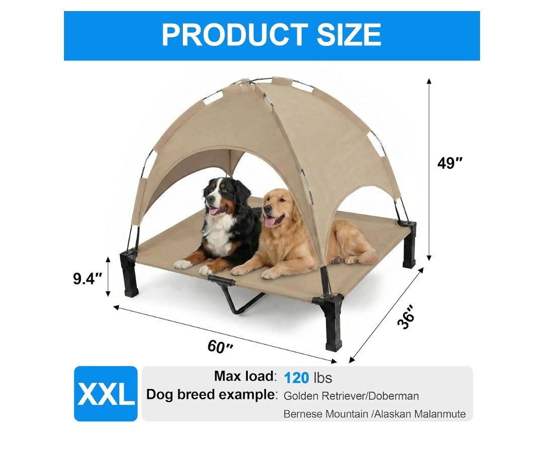 Elevated Dog Bed with Canopy Raised Pet Cot for Large Dogs, Outdoor Dog Cot with Removable Sun Shade Tent, Breathable Mesh Portable Dogs Cot for Camping, Beach, Backyard, Outdoor Use