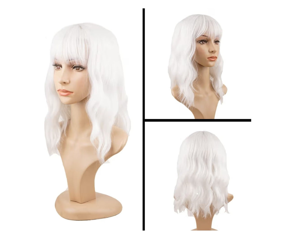 White Wavy Wigs With Bangs Short Bob Wavy Wig.