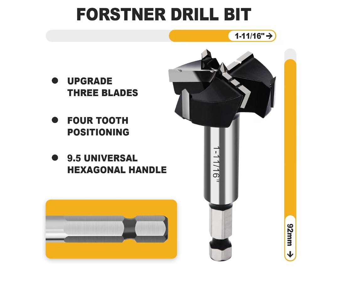 Forstner Drill Bit, 1-11/16" Quick Change Hex Shank