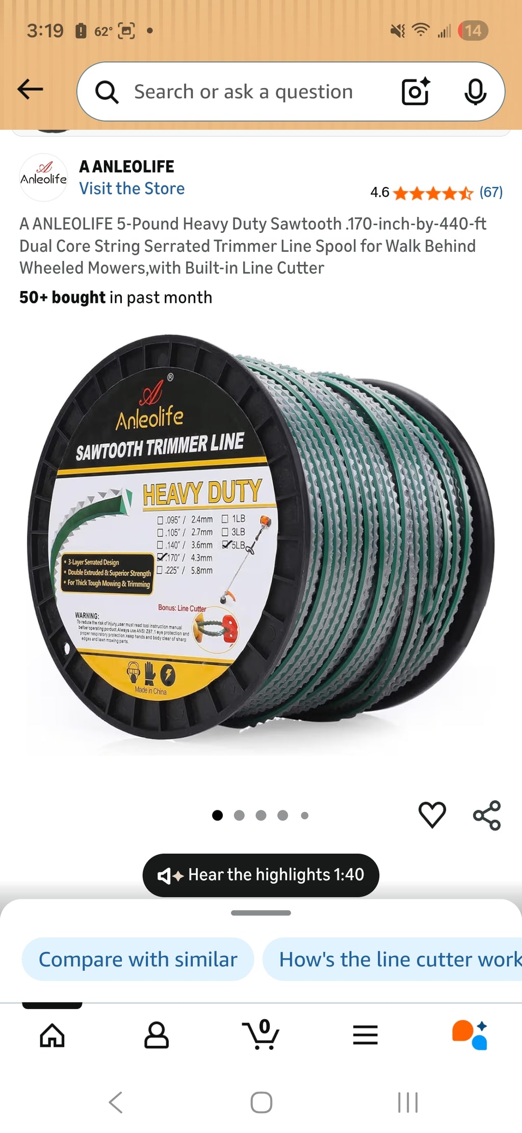 A Anleolife Sawtooth Trimmer Line 5lbs