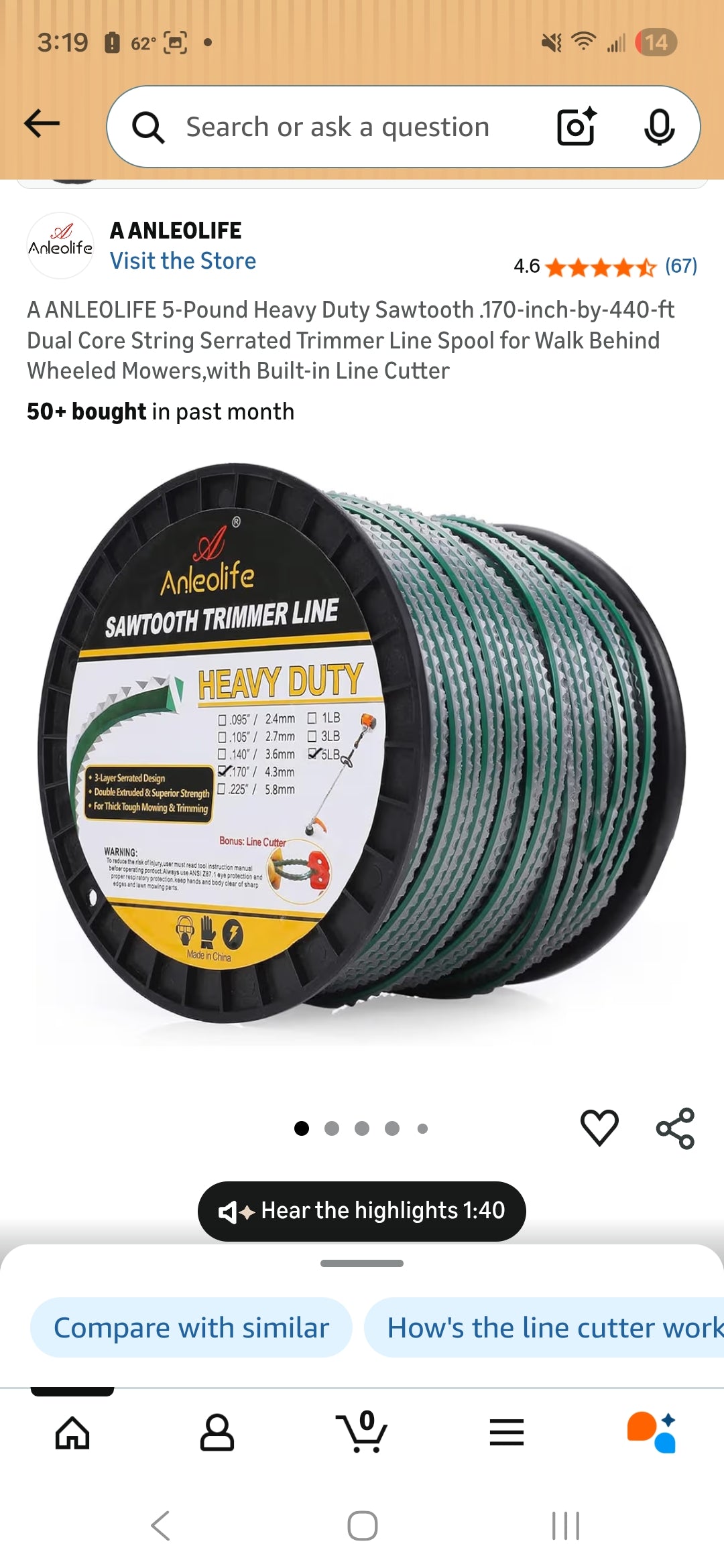 A Anleolife Sawtooth Trimmer Line 5lbs