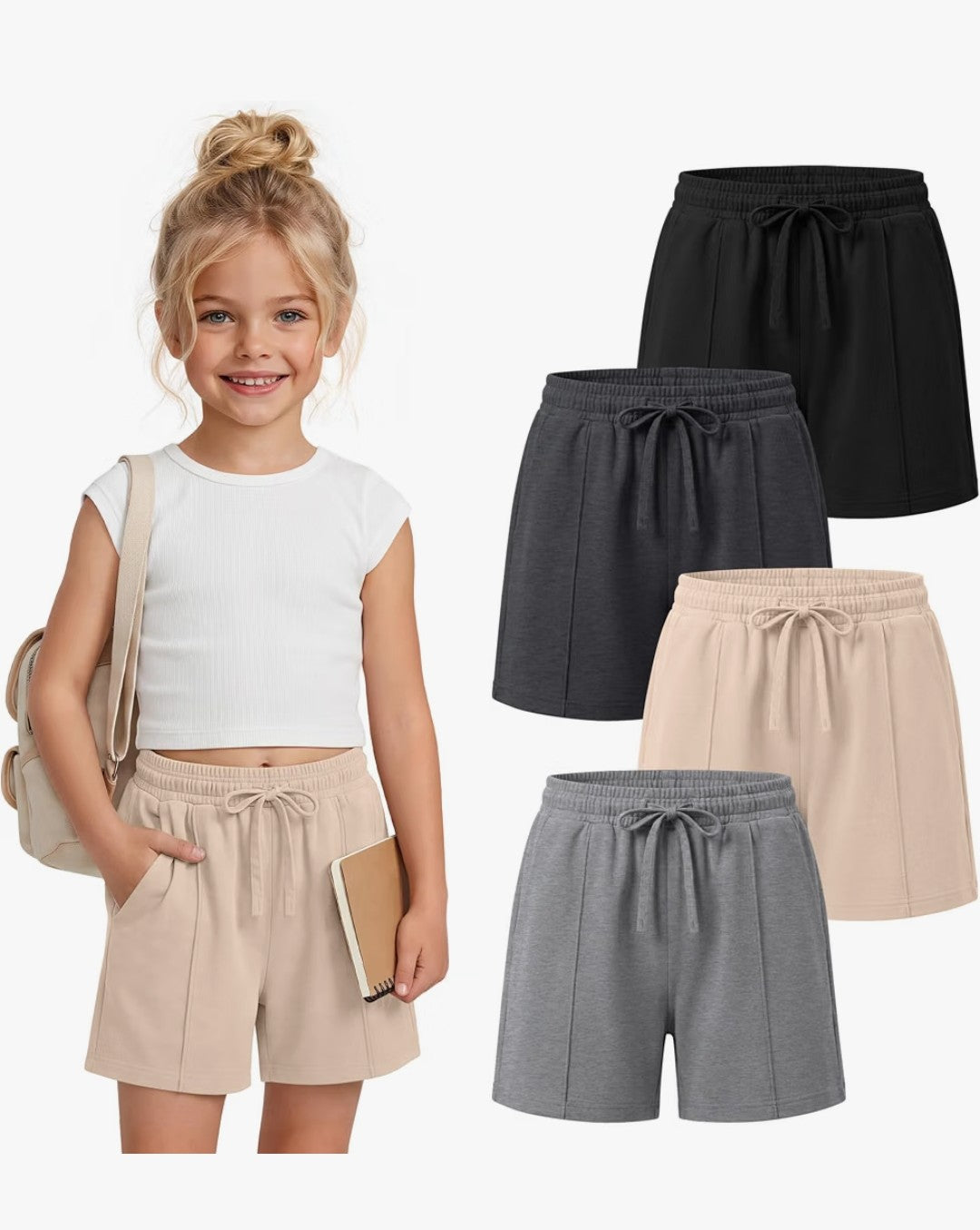 Girls Wide Leg Athletic Shorts, Sweat Pant Shorts, 4 Pack (9-10Y)